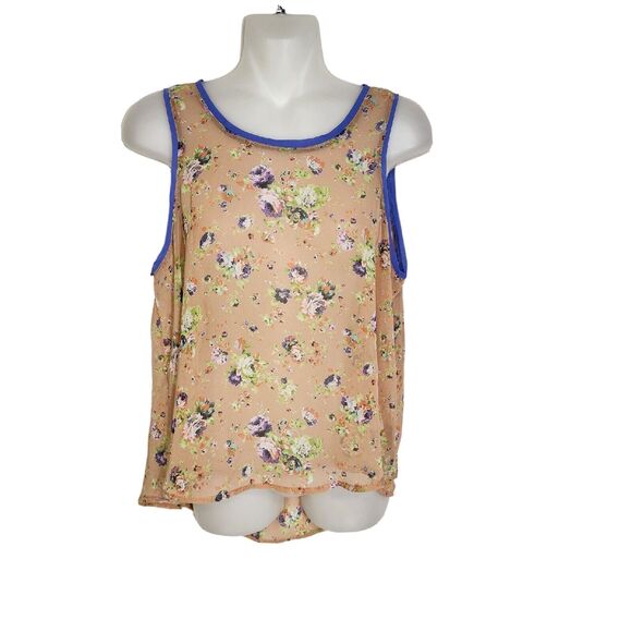 Lush Womens Tank Top Small Floral Swing Sheer High Low Keyhole Orange Purple - Picture 1 of 9
